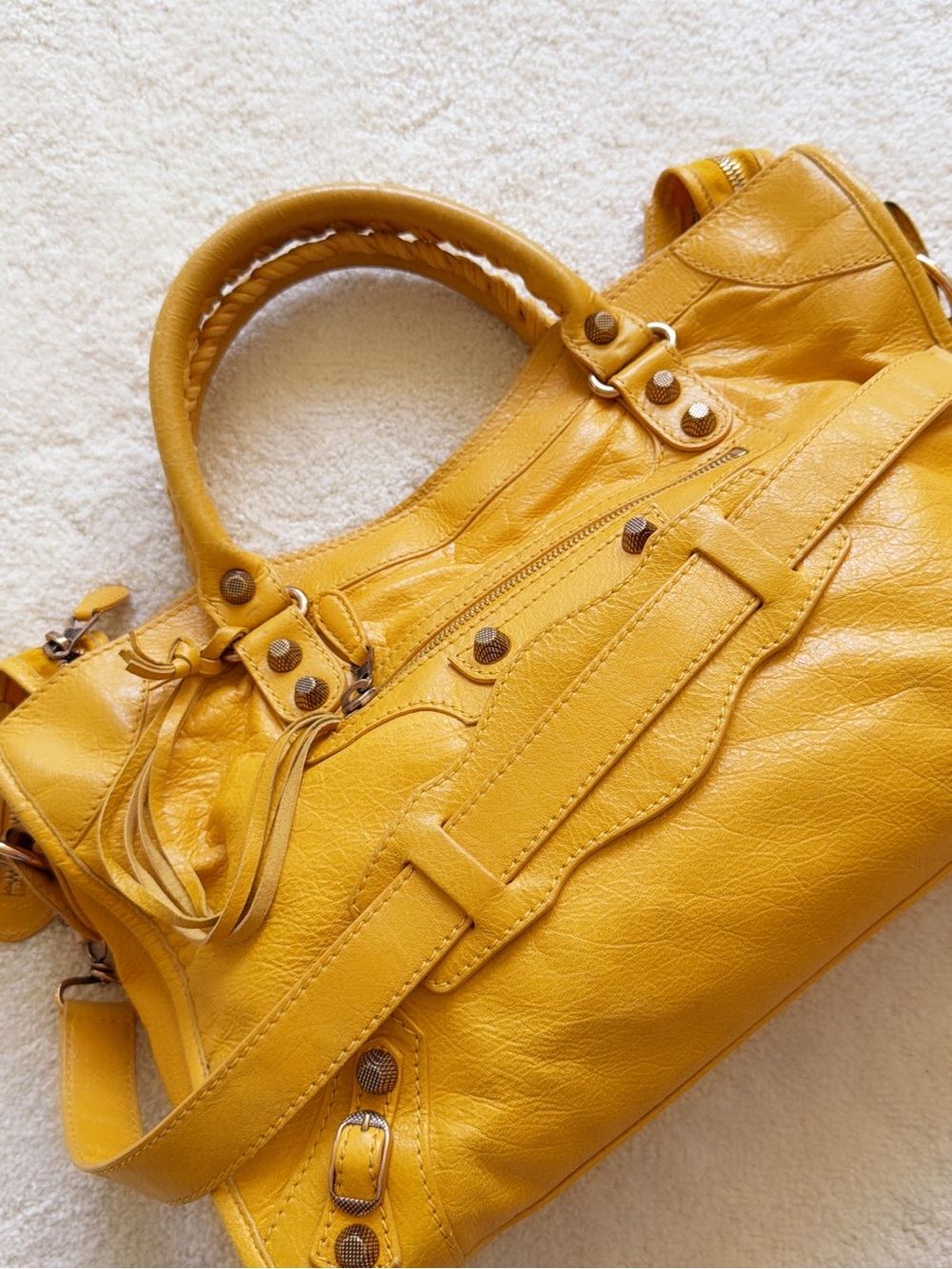 RARE💖 BALENCIAGA Mustard Yellow Medium CITY Motorcycle Shoulder Handbag Vintage - Picture 4 of 14